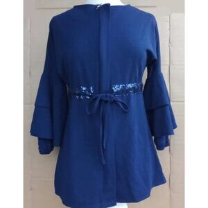 Navy Blue Stretchy Sequined Dressy Traditional Tunic Top with Tiered Bell Sleeve
